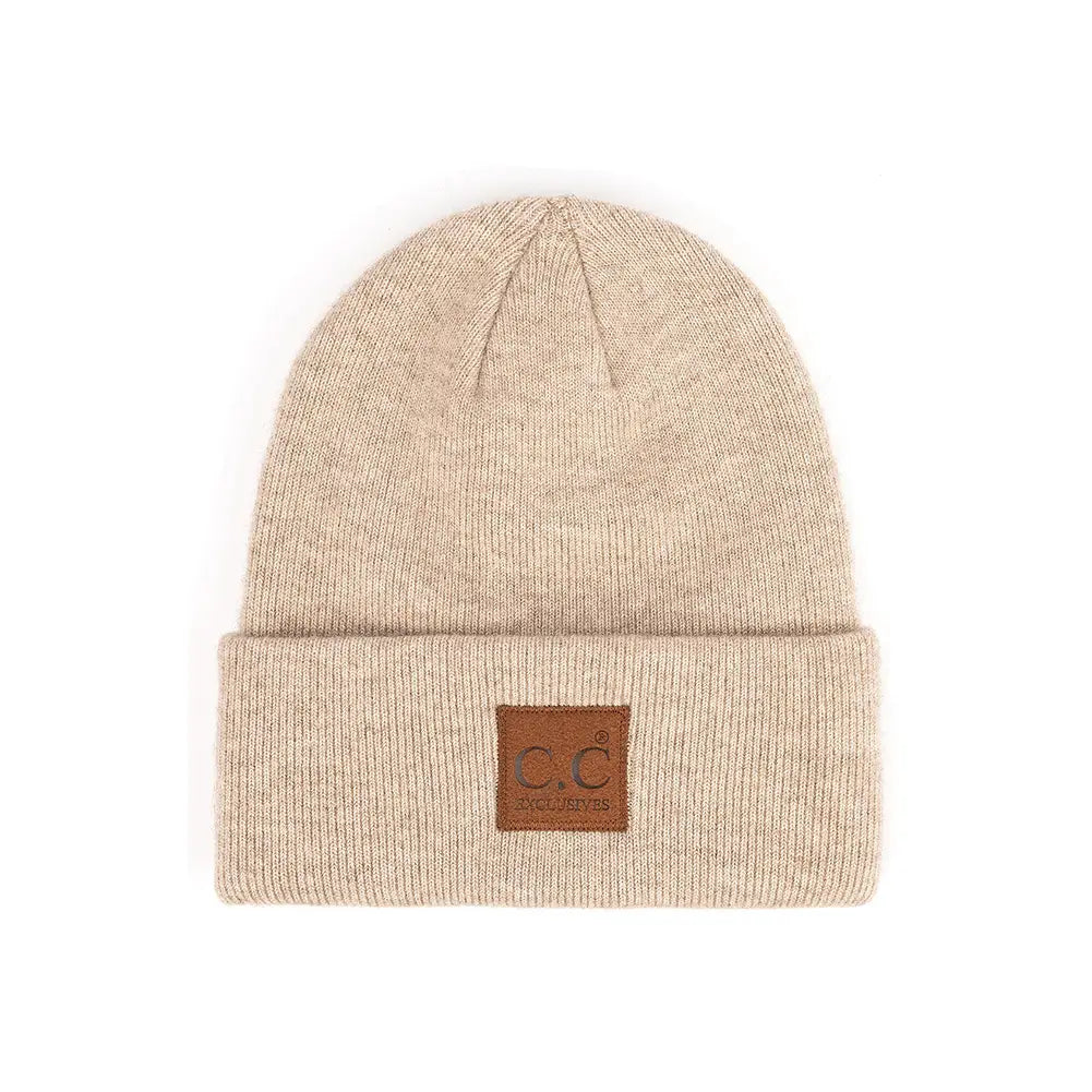 C.C Heather Knit Suede Patch Beanie - 7 Colors