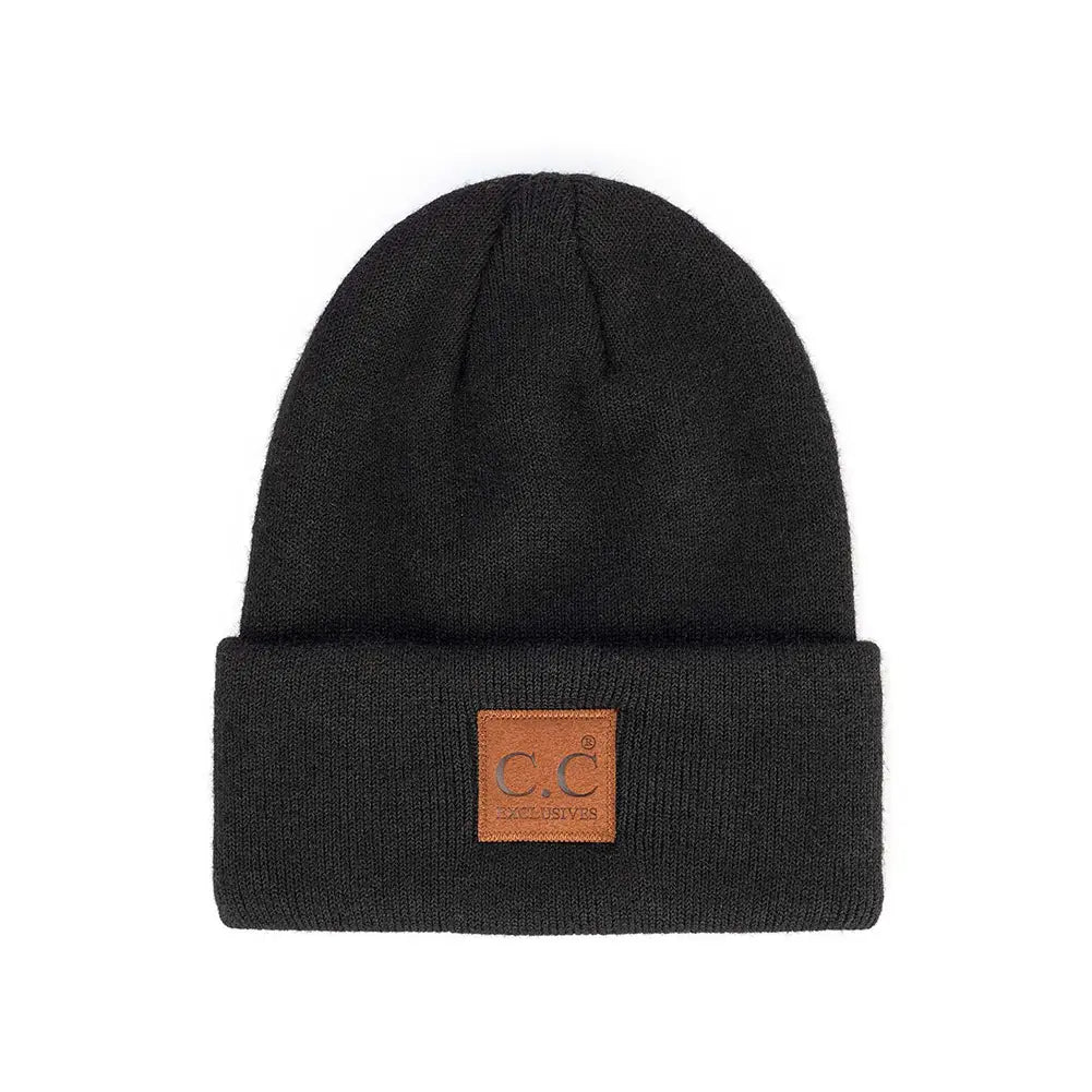C.C Heather Knit Suede Patch Beanie - 7 Colors