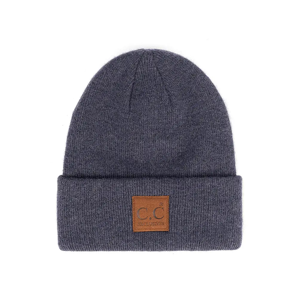 C.C Heather Knit Suede Patch Beanie - 7 Colors
