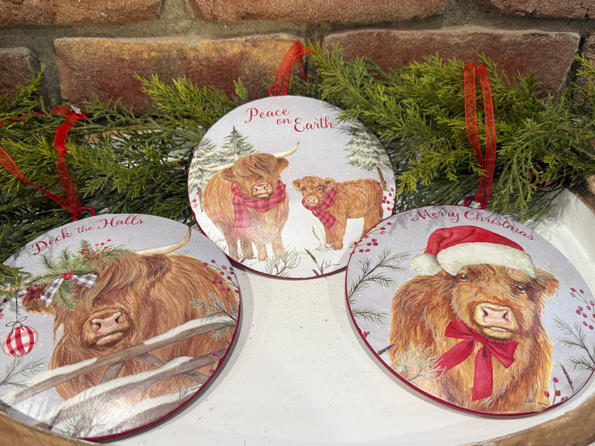 Metal Holiday Highland Cow Ornament - 3 Styles