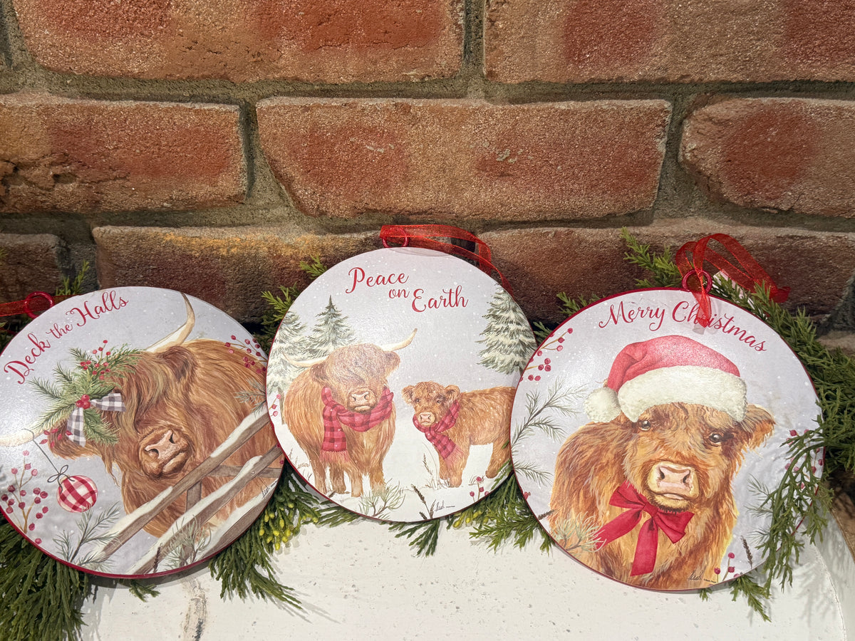 Metal Holiday Highland Cow Ornament - 3 Styles