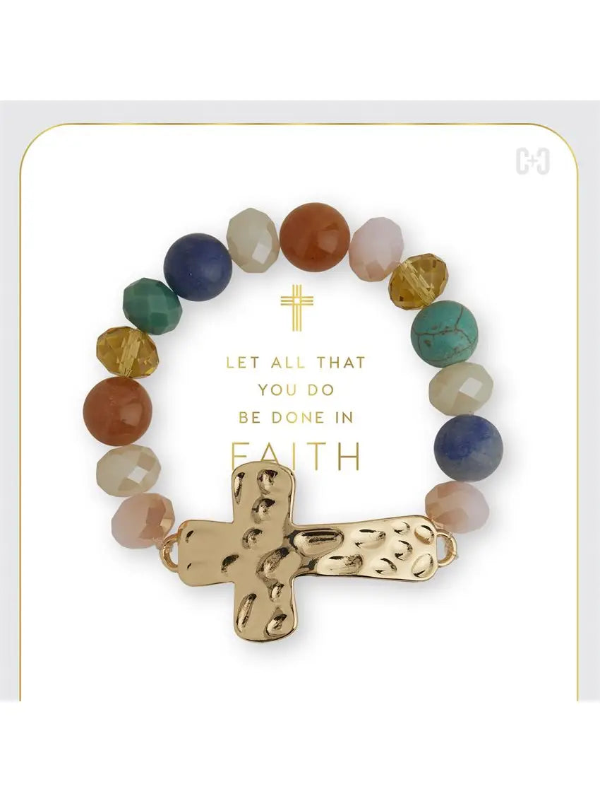 Hammered Cross Mixed Bead Bracelet
