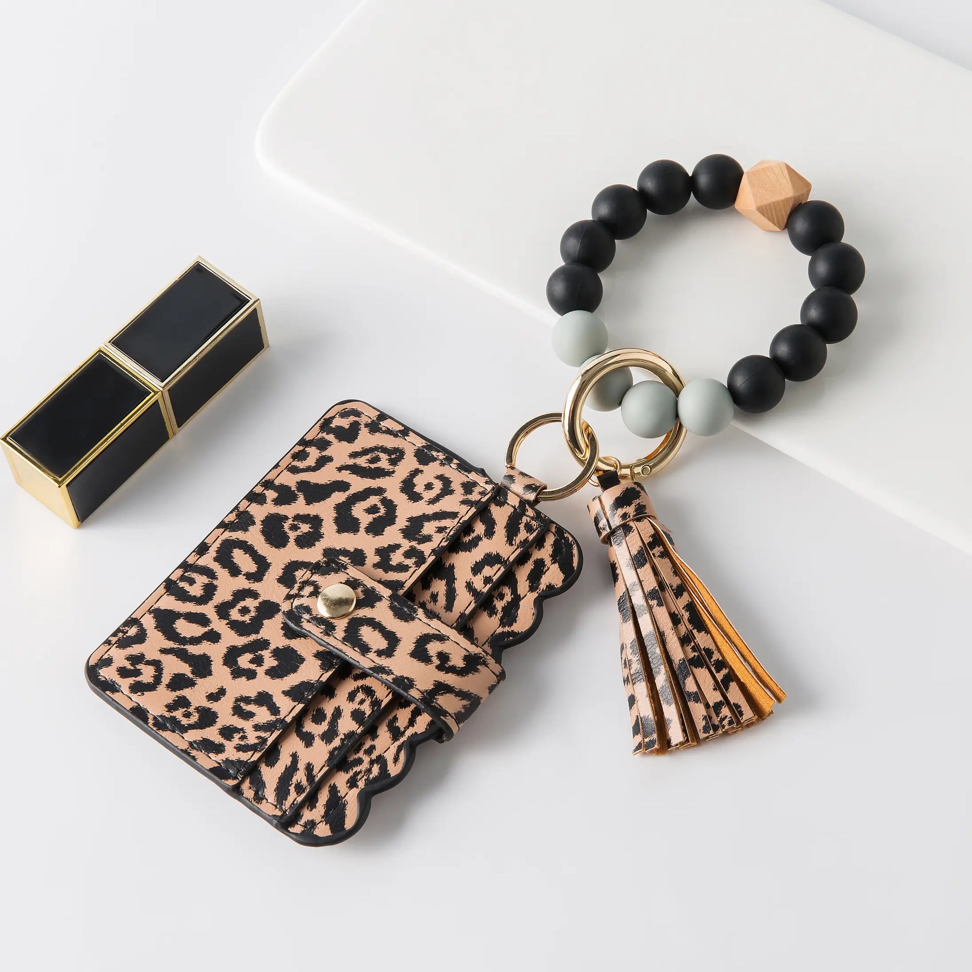 Leather Keychain Wallet Wristlet Bracelet - Leopard