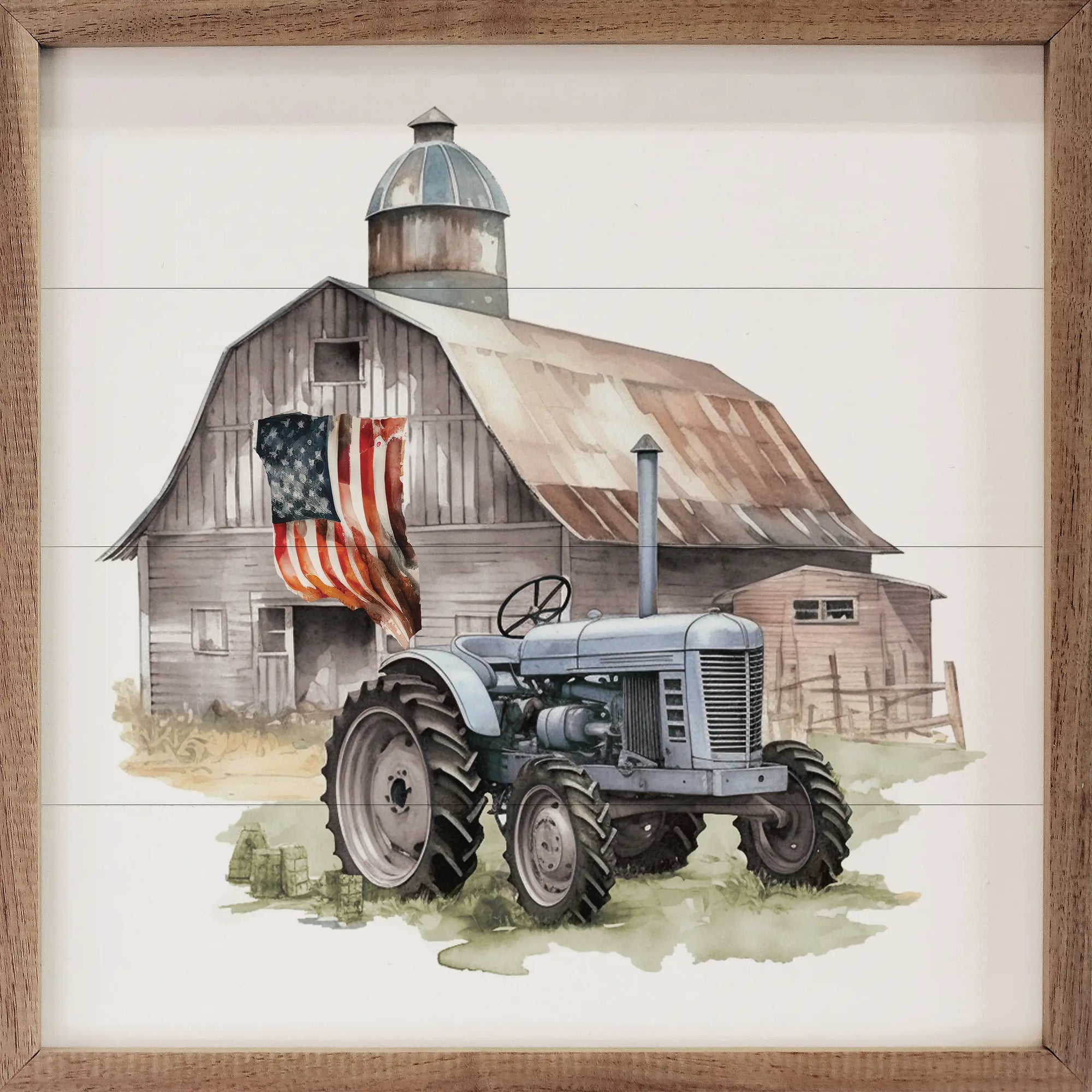 American Flag Barn Tractor Framed Art