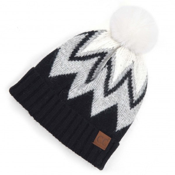 C.C Chevron Knit Pattern Pom Beanie - Black