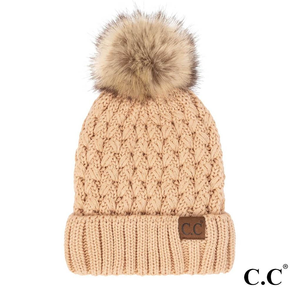 C.C Lattice Crossover Beanie with Pom - Peanut
