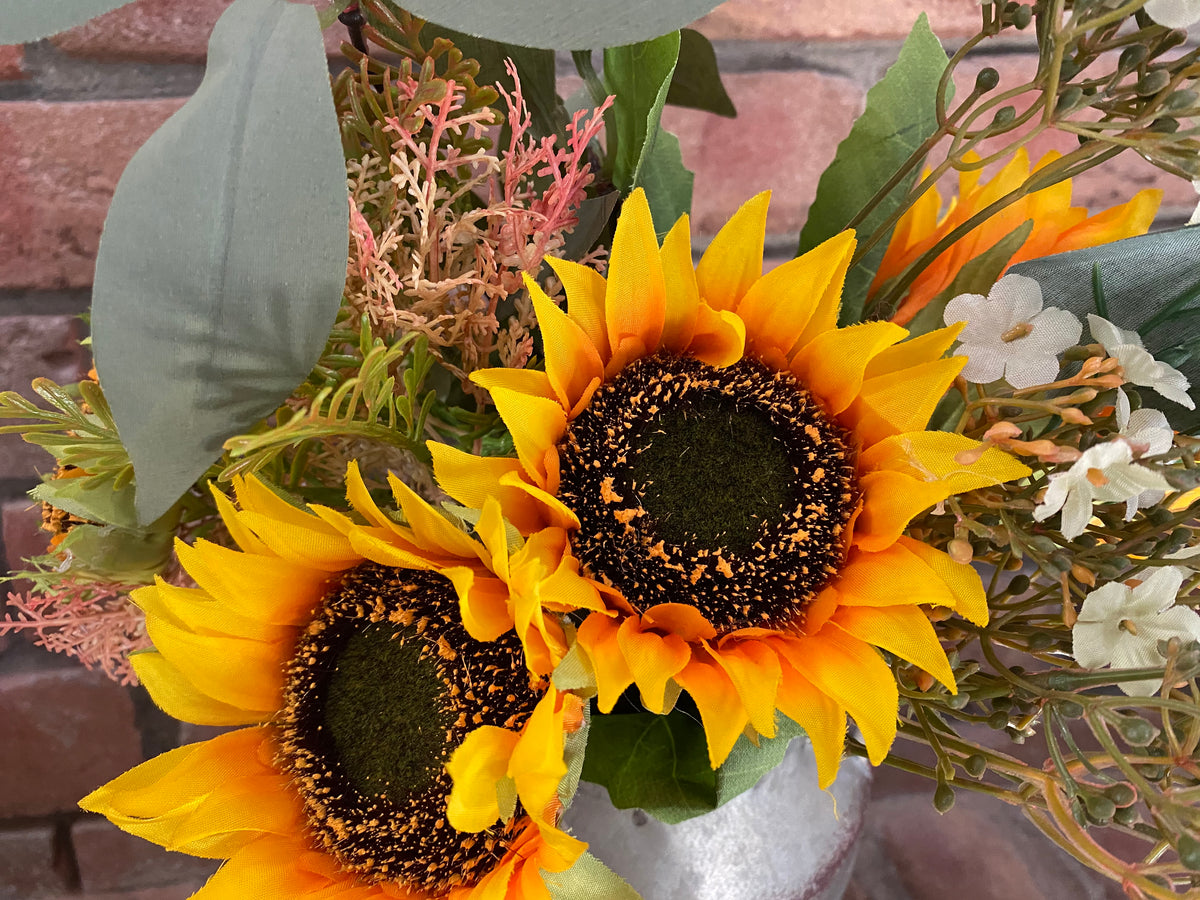 Mixed Sunflower &amp; Milk Bucket Arrangement