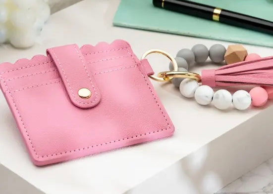 Leather Keychain Wallet Wristlet Bracelet - Bright Pink