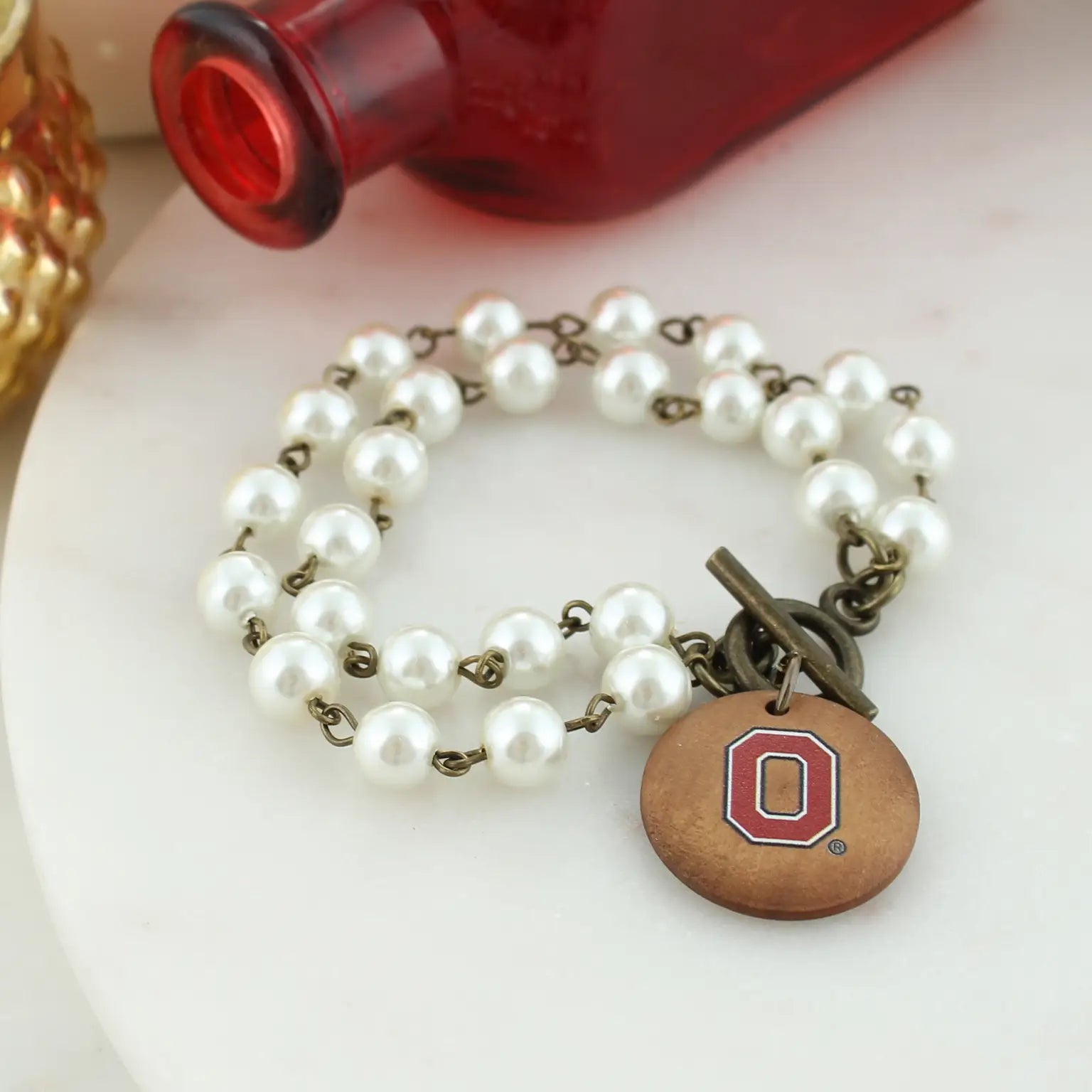 Ohio State Logo Pearl & Wood Disc Toggle Bracelet