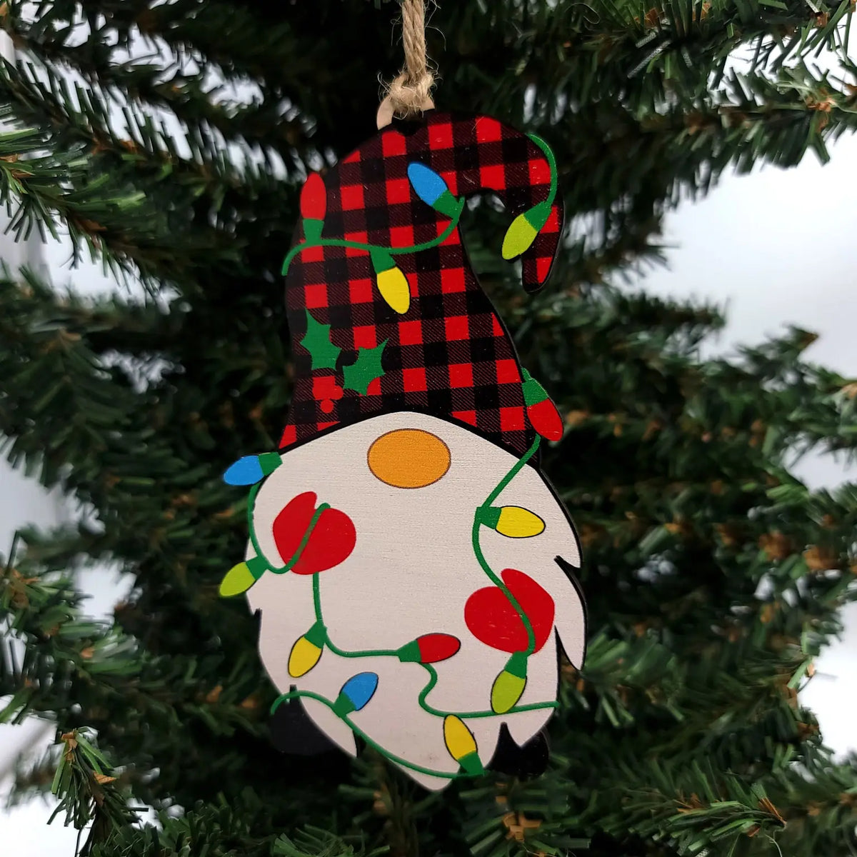 Gnome with Lights Wood Ornament