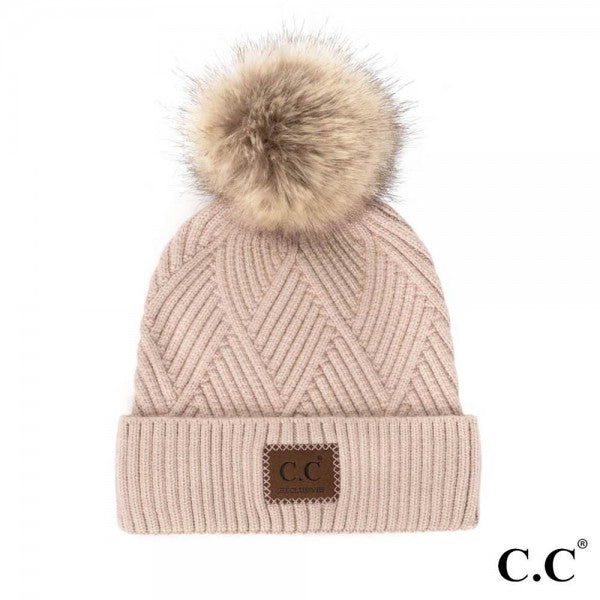 C.C Diagonal Stripe Pom Beanie - Dusty Rose