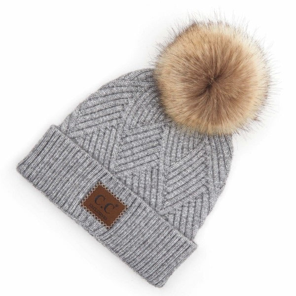 C.C Diagonal Stripe Pom Beanie - Lt. Mel Grey Mix