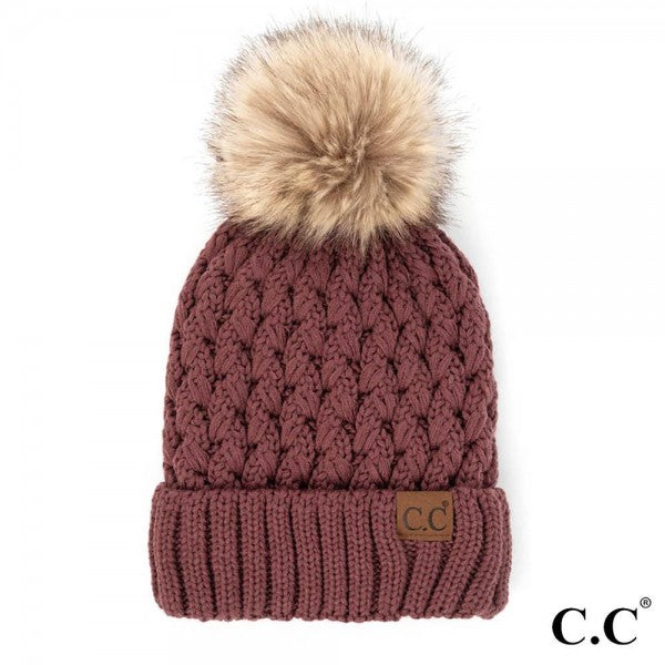C.C Lattice Crossover Beanie with Pom - Coco Berry