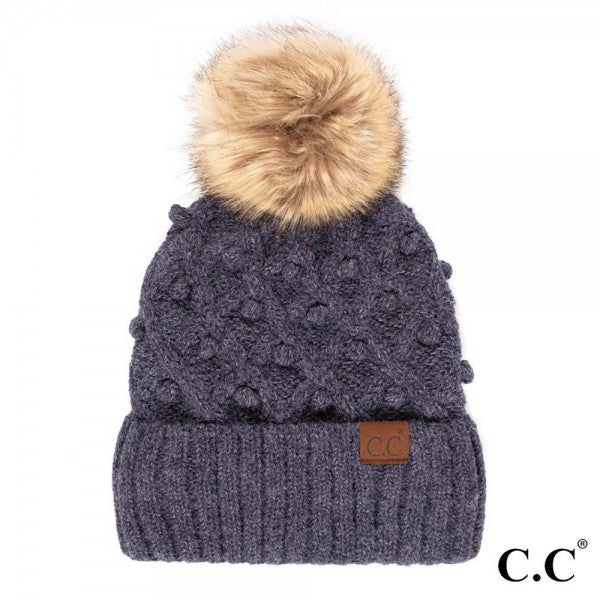 C.C Beanie with Pom &amp; Handmade Bobbles - Dark Denim Mix