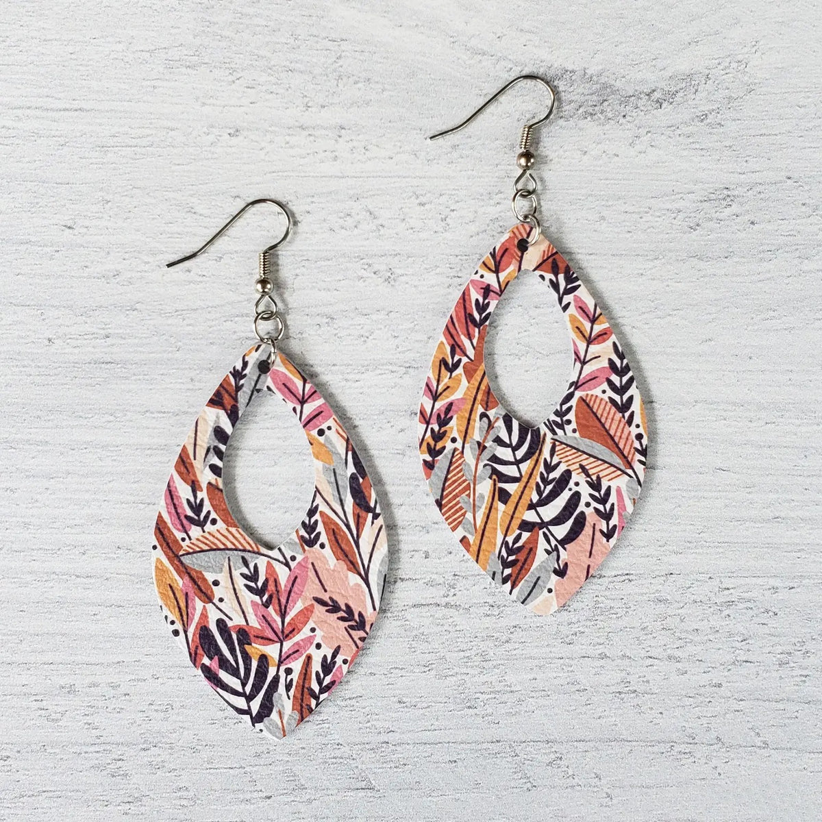 Fall Floral Leather Teardrop Earrings