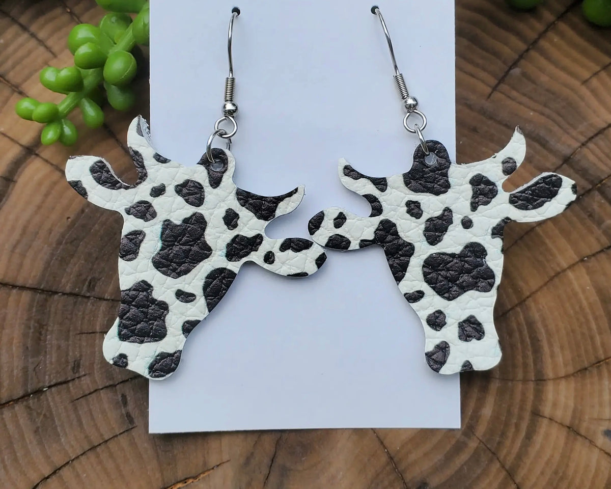 Black &amp; White Cow Print Leather Earrings