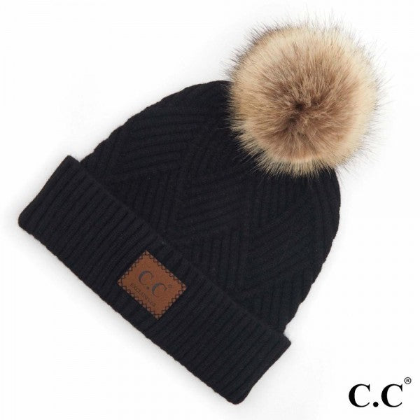 C.C Diagonal Stripe Pom Beanie - Black
