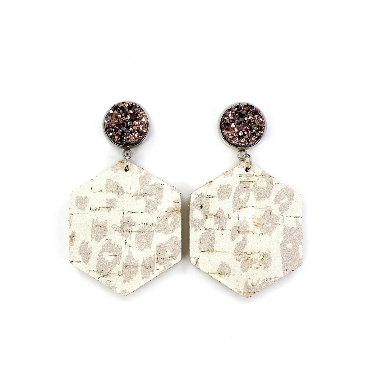 Druzy Stud &amp; Nude Leopard Leather Earrings
