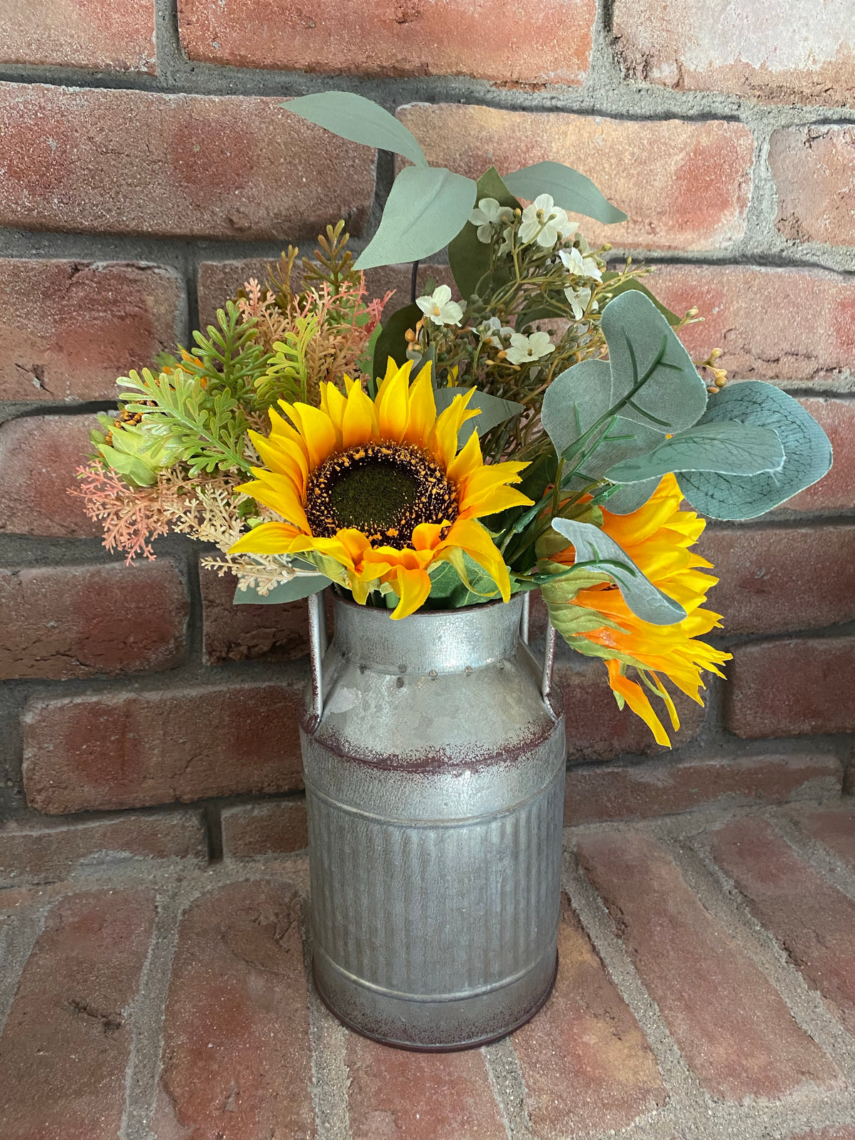 Mixed Sunflower &amp; Milk Bucket Arrangement