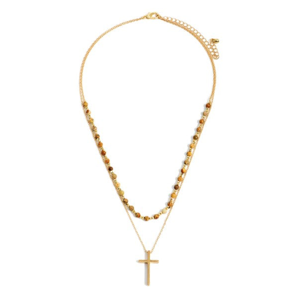 Double Stranded Necklace with Cross Pendant - Brown