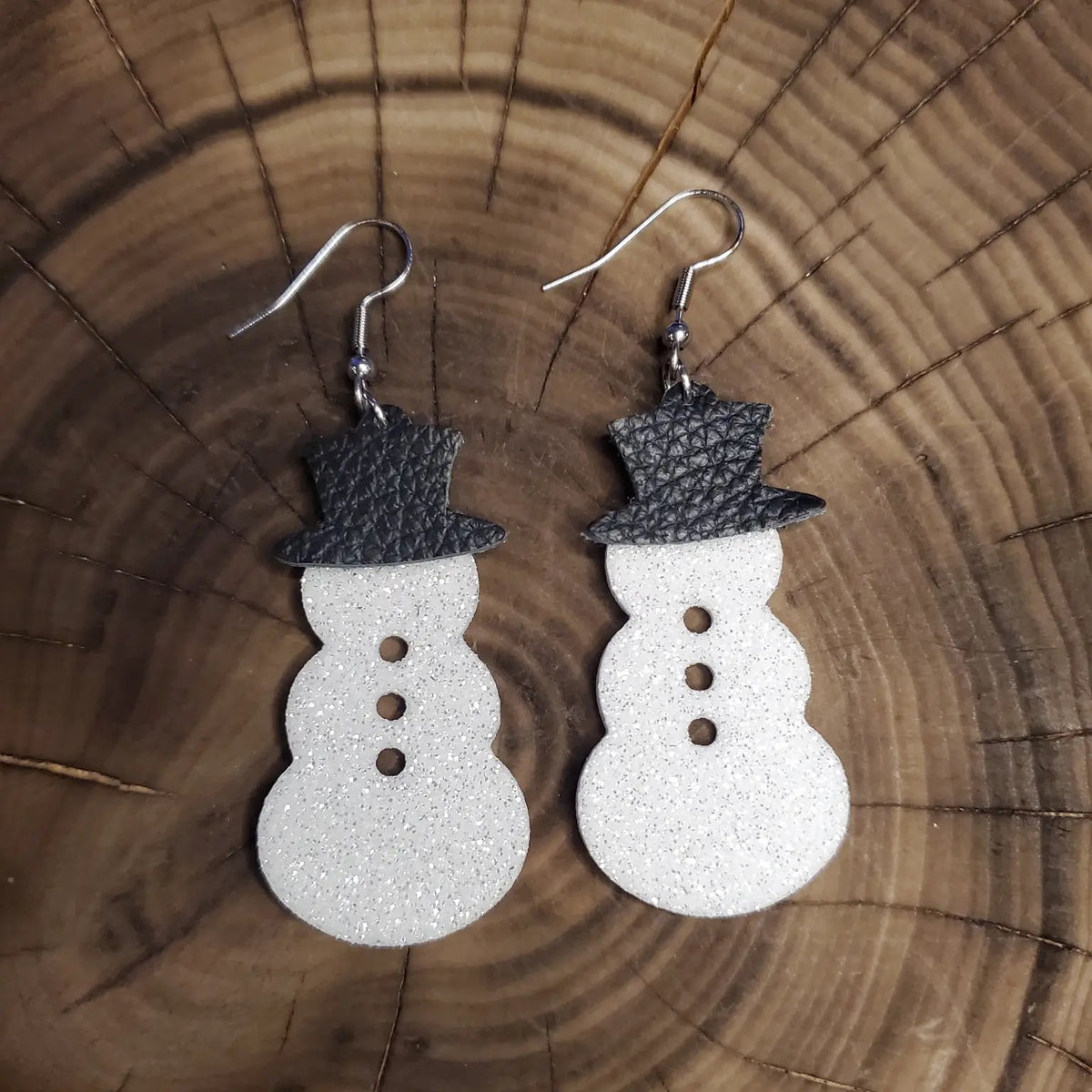 White Glitter Snowman Leather Earrings