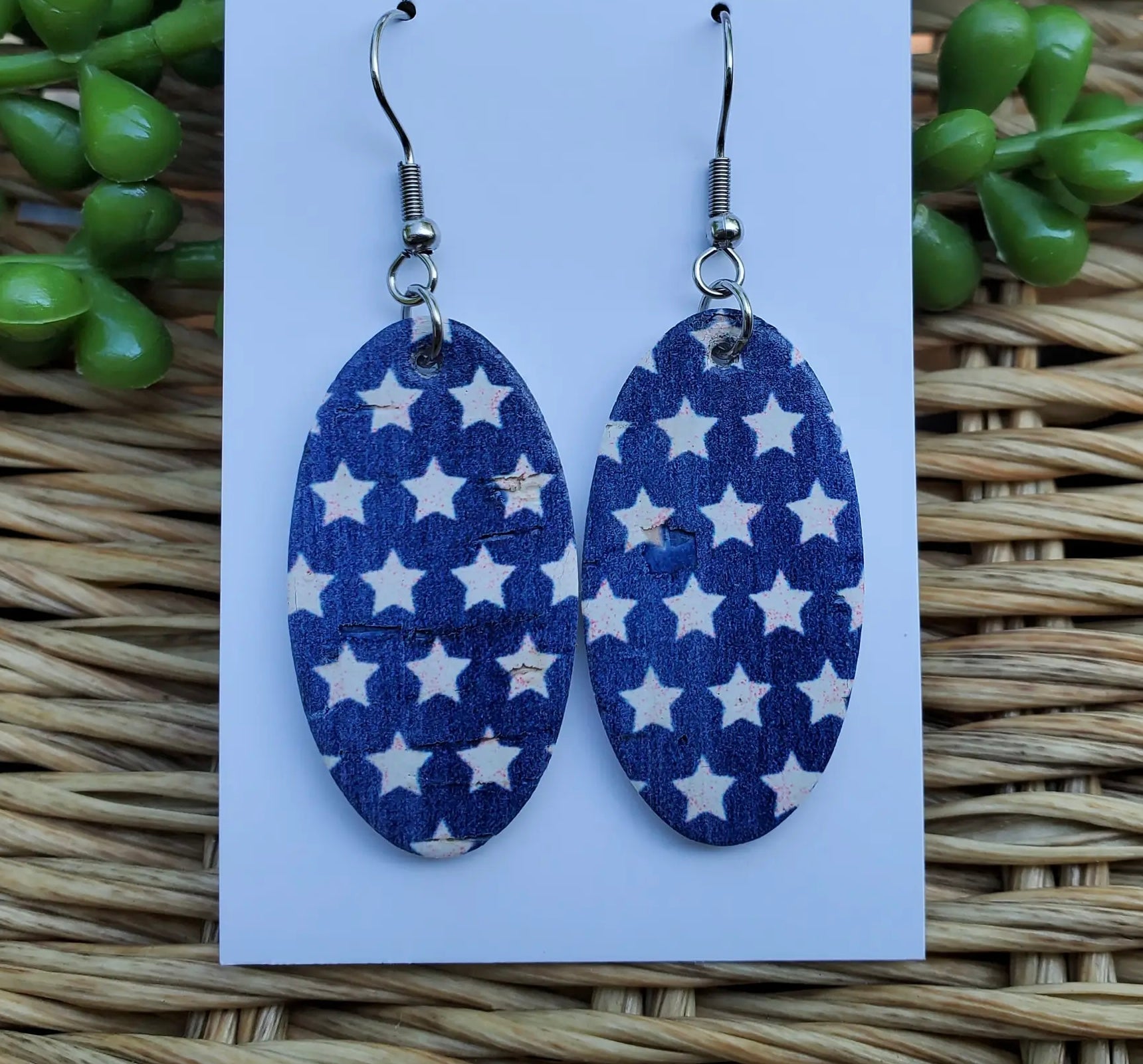 Blue with White Stars Leather Earrings