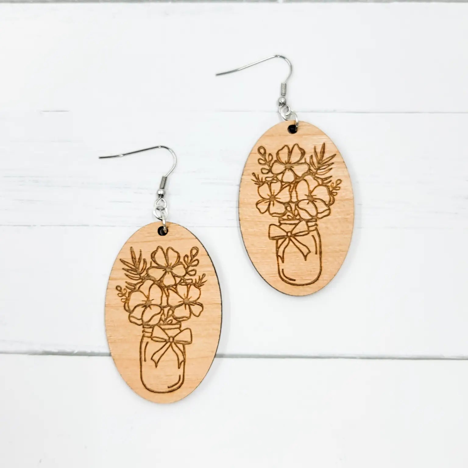 Engraved Flower Jar Wooden Earrings