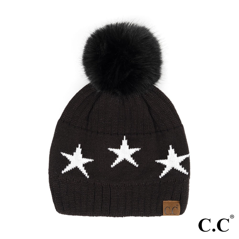 C.C Star Beanie Hat with Pom - Black