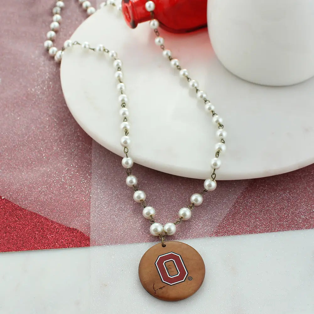 Ohio State Logo Pearl &amp; Wood Disc Necklace