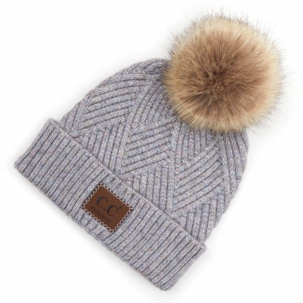 C.C Diagonal Stripe Pom Beanie - Periwinkle Mix