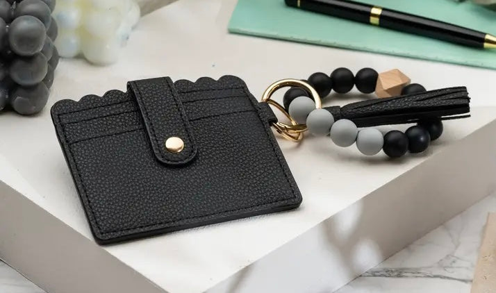 Leather Keychain Wallet with Wristlet Bracelet - Black