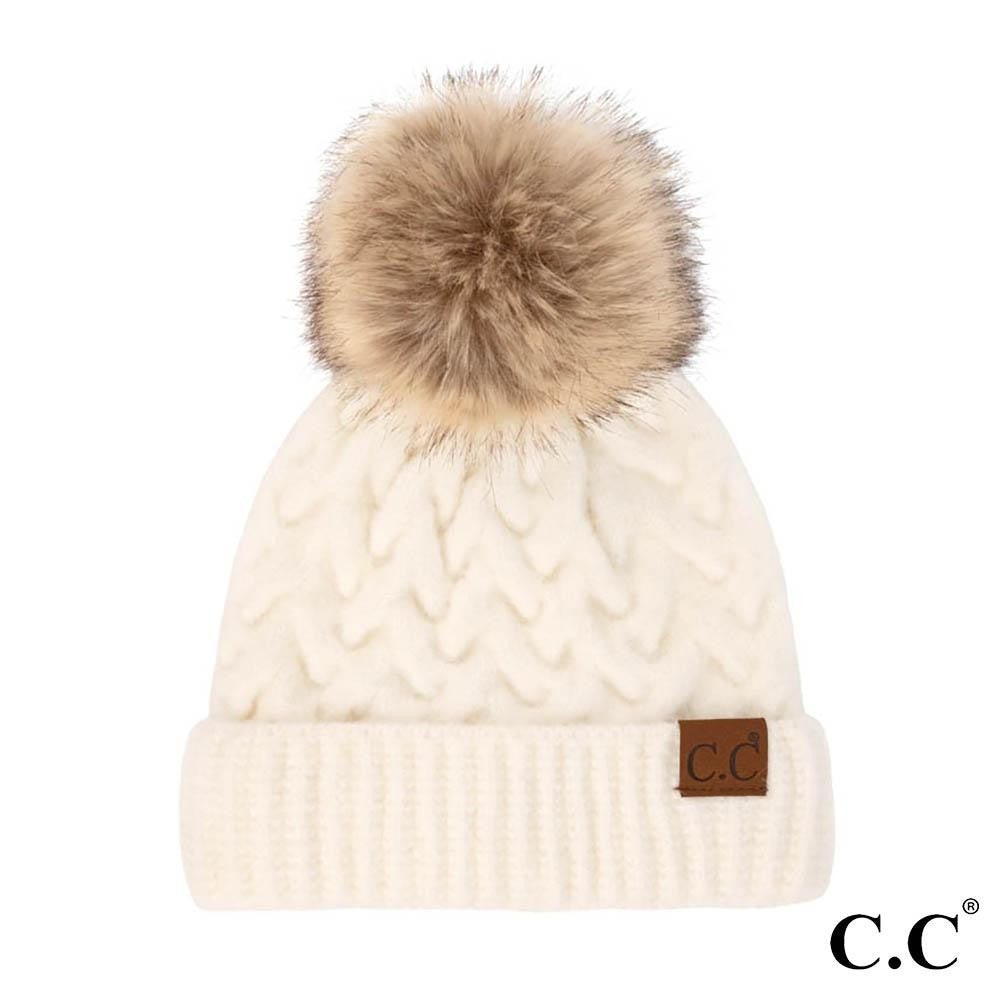 C.C Braid Cable Beanie with Pom - Ivory