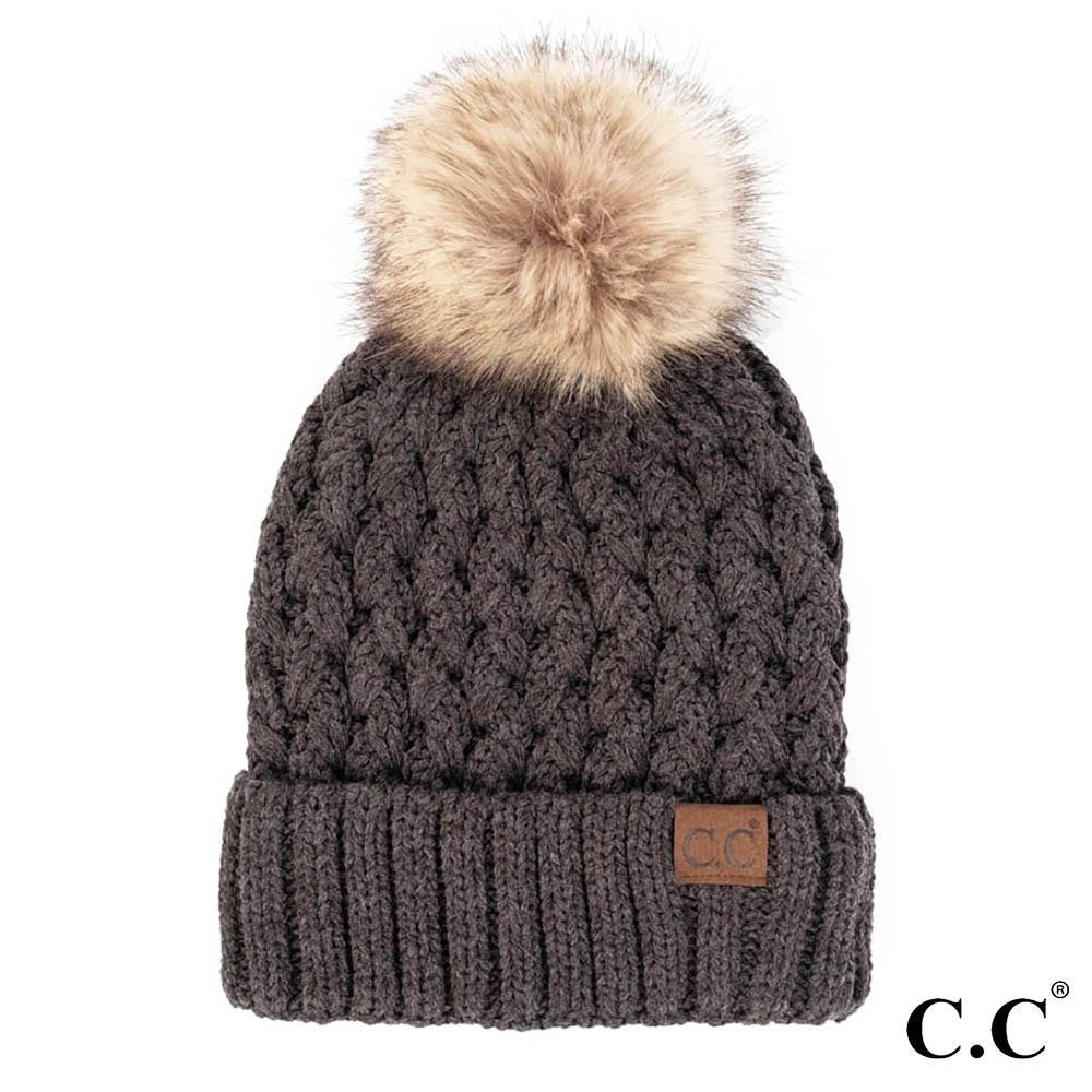 C.C Lattice Crossover Beanie with Pom - Charcoal